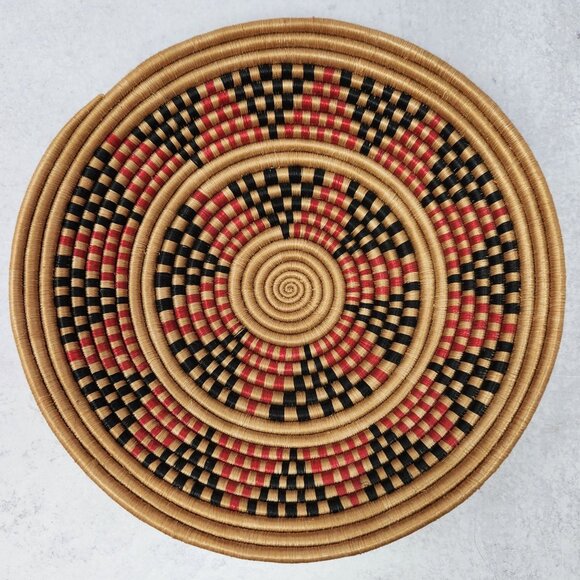 Set of 2 Woven Wall Baskets Black White Spiral & Tan Red Black Geometric Bowls - Picture 5 of 7